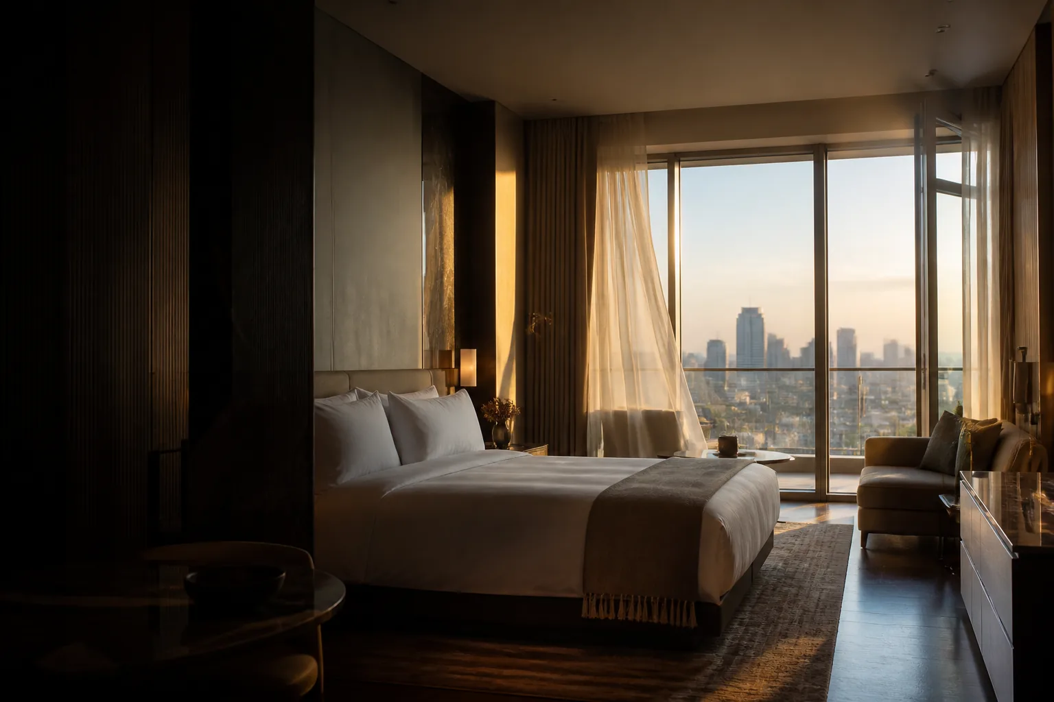 Hotel suite overlooking the city at golden hour